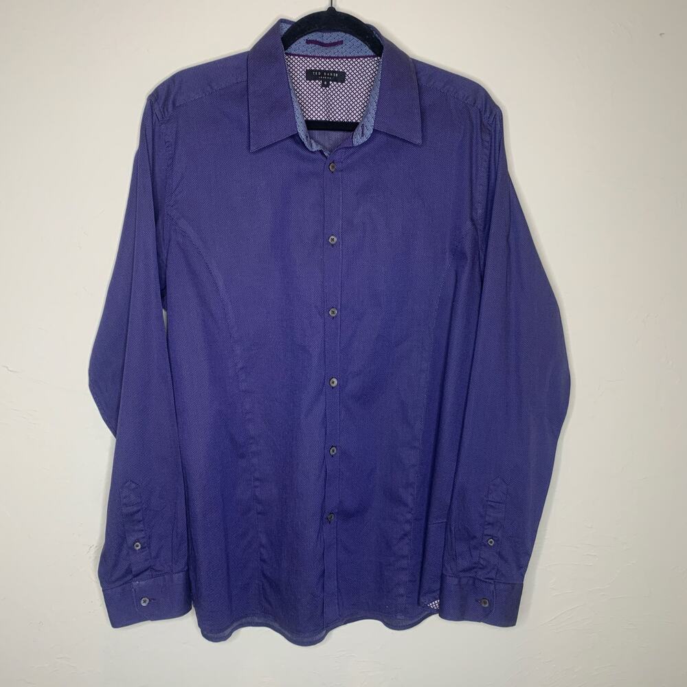 Ted Baker Blue  Fitted Dress Shirt Sz 6 Deep Plum Micro Dot XXL